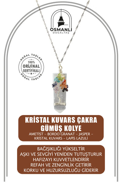 OSMANLI DOĞAL TAŞ Kristal Kuvars Çakra Gümüş Kolye Ametist, Bordo Granat , Ja...