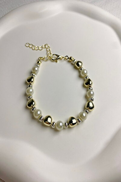 DEMOKAN سوار نسائي من حجر اللؤلؤ المسطح بتفاصيل حجرية فضية