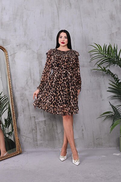 ZEYWEAR Pileli Leopar Şifon Elbise