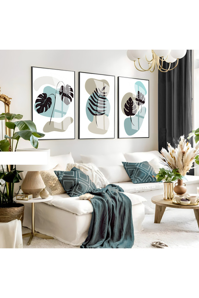 Harika bir ev Hari̇kabi̇rev | Soft Gray Blue Minimalist Leaf Set | Framed Gla...