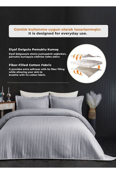 Evlen Home Collection Judy Cotton Bedspread - Double Striped, Casual Plain Grey Pique Set