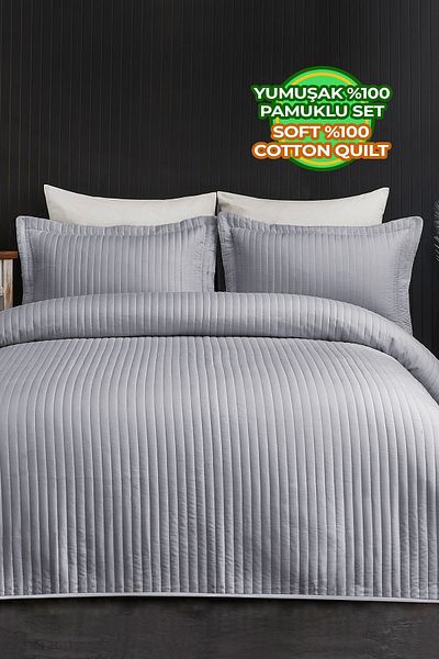 Evlen Home Collection Judy Cotton Bedspread - Double Striped, Casual Plain Grey Pique Set