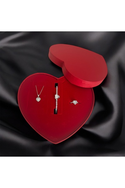 bellss accessory Kırmızı Büyük Kalp Kutuda Sevgili Özel Gün Kalp Yüzük Kalp Kolye Su Yolu Kalp Bileklik Set