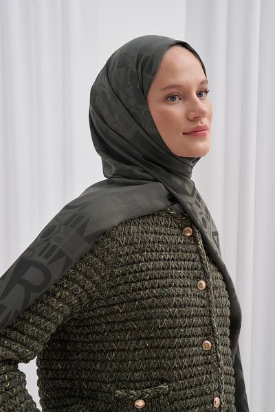 carell Italian Silk Jacquard Text Patterned Khaki Shawl