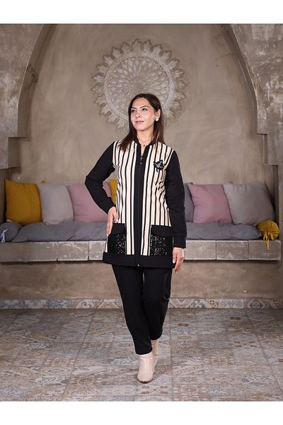 Fazilet Aslan Compact Striped Zippered Pocket Sequin Detailed Double Set