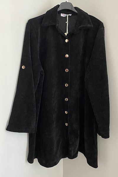AYASOFYA OTANTIK Women's Italian Black Button Closure Loose Overseize Foldable Long Sleeve Velvet Tunic Dress
