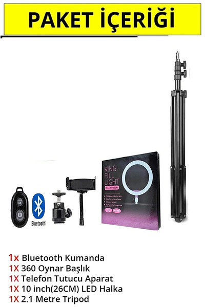 BSTBRANDSHOPPİNGTR Kumandalı Youtuber Tiktok Çekim Işıklı Telefon Tutucu Makyaj Işığı Ring Light 10 Inç + 2.1 M Tripod