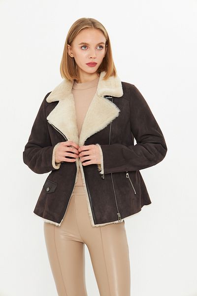 By Marki Marki Genuine Nubuck Leather Women's Jacket - Sheepskin Inside - Fit Cut Brown 63 cm - 112122