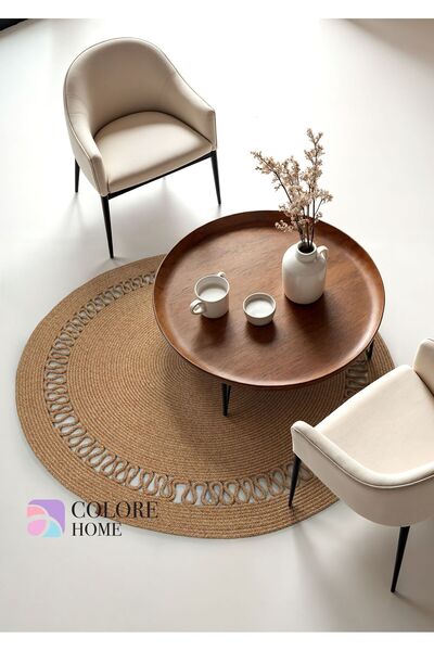 Colore Home سجادة مستديرة منقوشة من الجوت باللون البيج، سجادة مستديرة بوهيمية منسوجة يدويًا