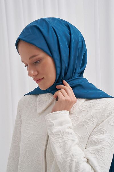 carell Petrol Blue Diamond Patterned Cotton Silk Shawl