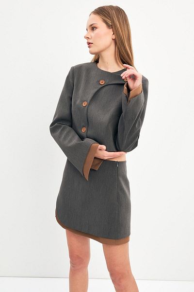 Setre Gray Mini Jacket with Asymmetric Closure and Button Detail - Long Sleeve