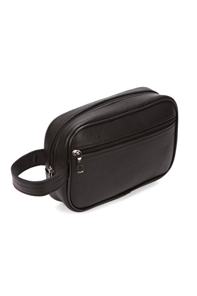 Adelina Bags Erkek Siyah Hakiki Deri Seyahat Kozmetik Portföy Clutch El Çanta
