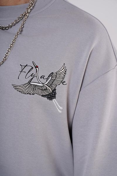 king brich Crew Neck Stork Printed Sweatshirt with Embroidery Detail