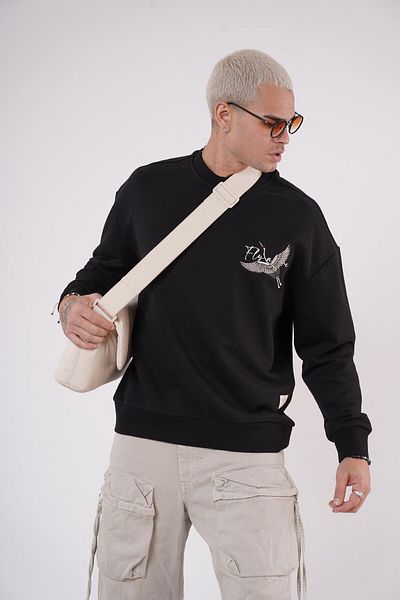 king brich Crew Neck Stork Printed Sweatshirt with Embroidery Detail