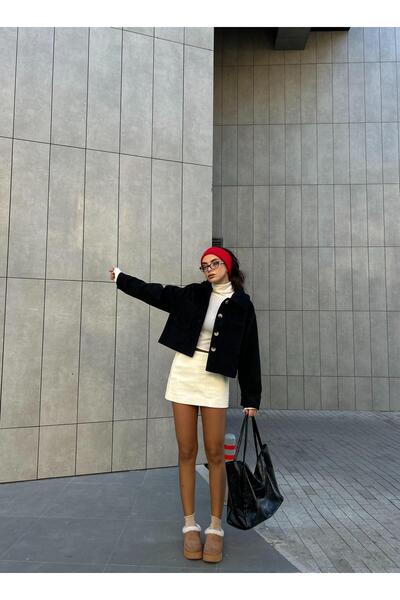 minaaise Kadın Siyah Astarlı Kısa Oversize Kaşe Kaban 28304