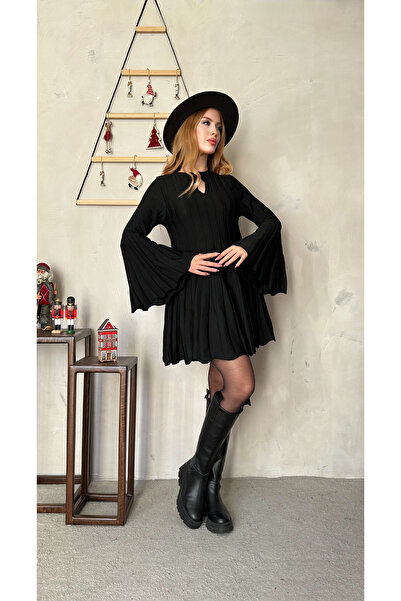 Angel Mia Pileli Triko Elbise Siyah