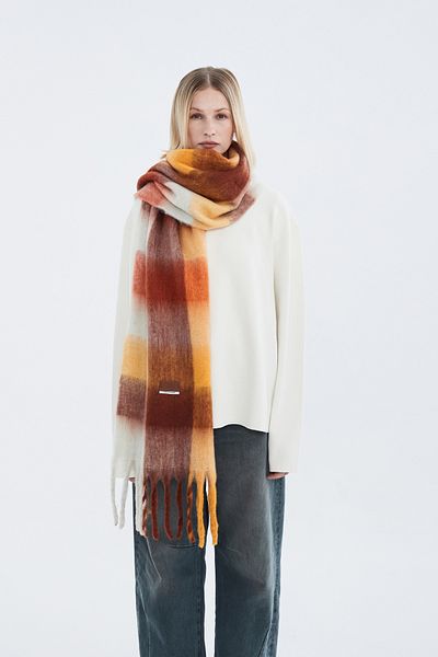 Nordbron Orange Shawl Checkered Tassel Detailed Soft Knitwear Women's Basic Setoon - Thick Winter