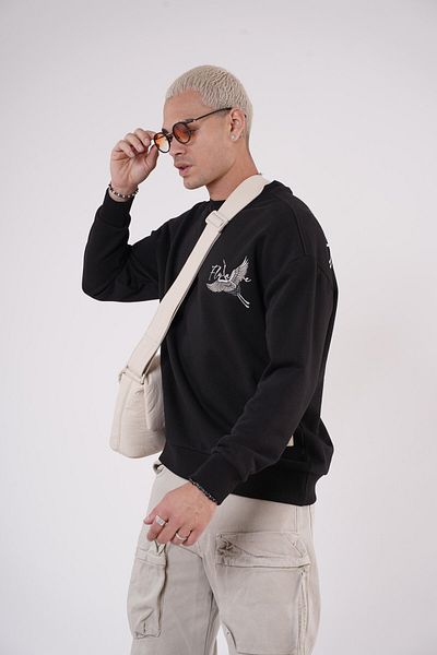 king brich Crew Neck Stork Printed Sweatshirt with Embroidery Detail