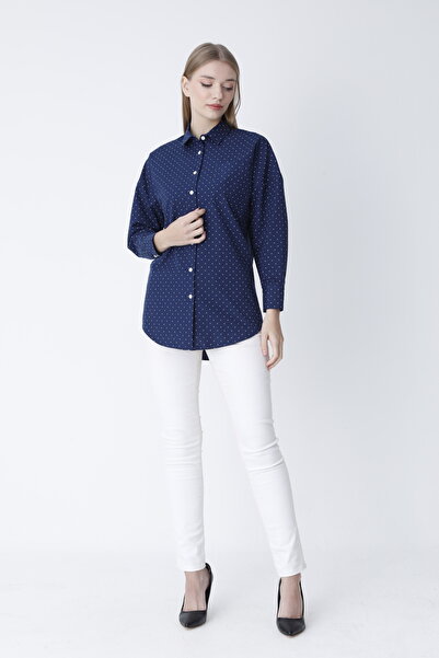 diess giyim LACİVERT PUANTİYELİ KADIN GÖMLEK
