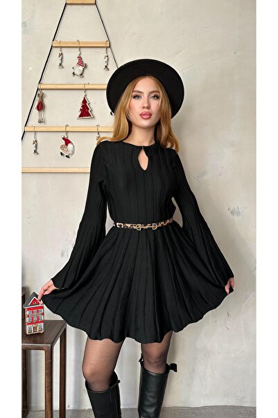 Angel Mia Pileli Triko Elbise Siyah