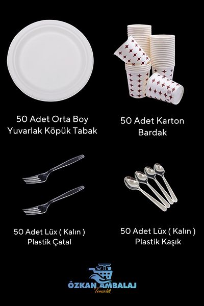 Özkan Ambalaj Temizlik Medium Size Plastic Foam Plate + Cardboard Cup + Plastic Fork + Plastic Spoon Set of 50