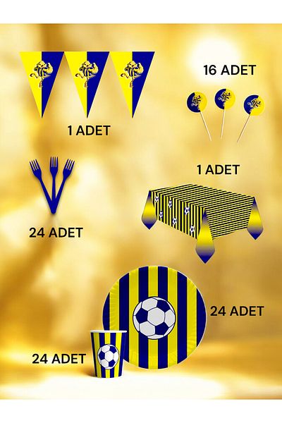 VibeHome 32-Person Navy Blue Yellow Fan Premium Set - Birthday Party and Fun Events