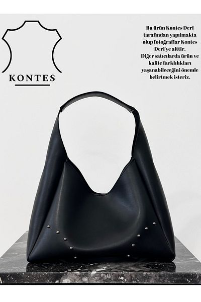 Kontes Women's Hand and Shoulder Bag with Staple Detail - Snap Closure and Zipper