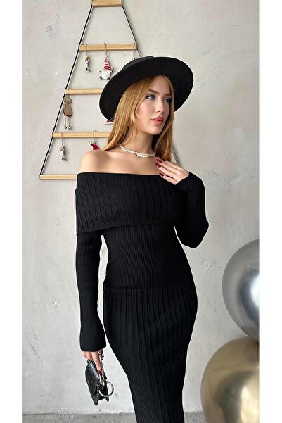 Angel Mia Madonna Yaka Likralı Elbise Siyah