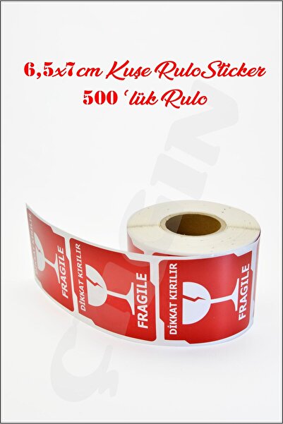 ÜRETİM Dikkat Kırılır Fragile Etiketi 6,5 x 7 cm 500 Adet. Rulo Kuşe Etiket