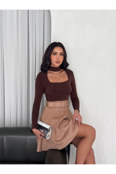 Ozy Fashion Жіноча відкрита коричнева міді-спідниця з поясом із замші