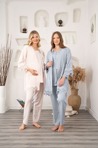 Pelin Women's Powder Muslim Design Long Sleeve Maternity Dressing Gown 3-Piece Pajamas Set