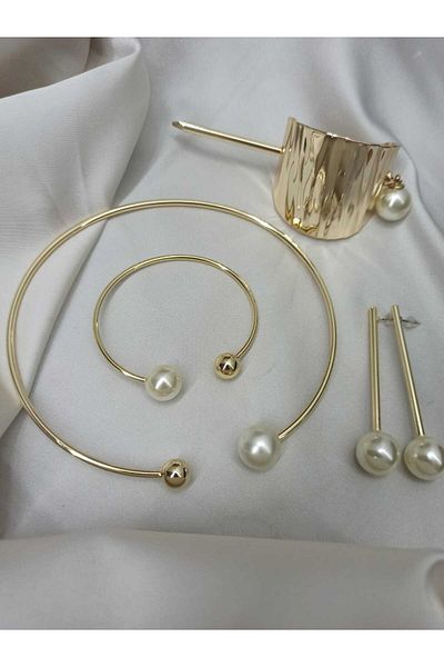 novoglo Vi̇p Series Heel Detail Pearl Choker & Bracelet & Nail Model Earring & Heel Buckle Special Suit Set
