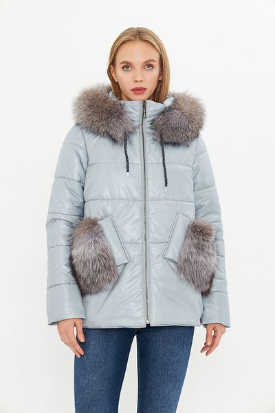 By Marki Marki Women's Inflatable Coat - Genuine Fur Detail, Hood - Ice Blue 75 cm - A001X