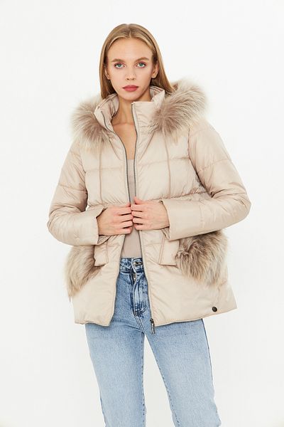 By Marki Marki Women's Inflatable Coat - Genuine Fur Detail, Hood - Beige 75 cm -A001X