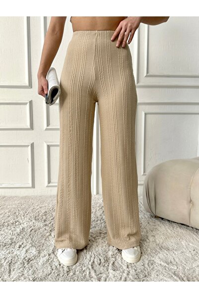 The Base Pantaloni largi de damă, bej, cu model tricotat