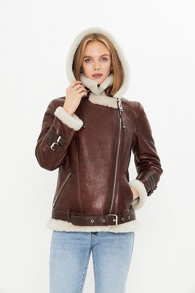 By Marki Marki Women's Genuine Leather Hooded Coat - Fur Inside, Belt - Brown 70 Cm- 103022