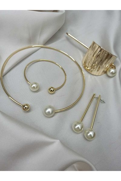 novoglo Vi̇p Series Heel Detail Pearl Choker & Bracelet & Nail Model Earring & Heel Buckle Special Suit Set