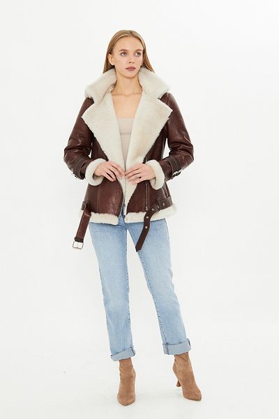 By Marki Marki Women's Genuine Leather Hooded Coat - Fur Inside, Belt - Brown 70 Cm- 103022
