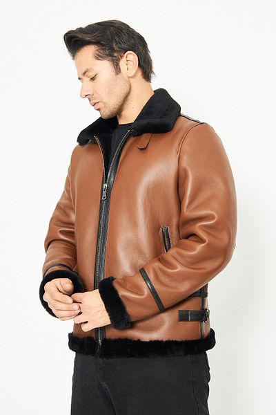 By Marki Marki Genuine Nubuck Leather Pilot Coat - Fur Inside, Bomber Collar - Tan 75 cm - 500622