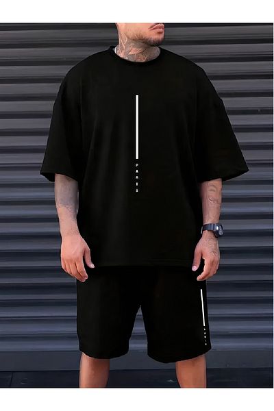 Ferhatlı Men's Oversize Black T-Shirt - Black Shorts Paris Printed 2-Piece Set