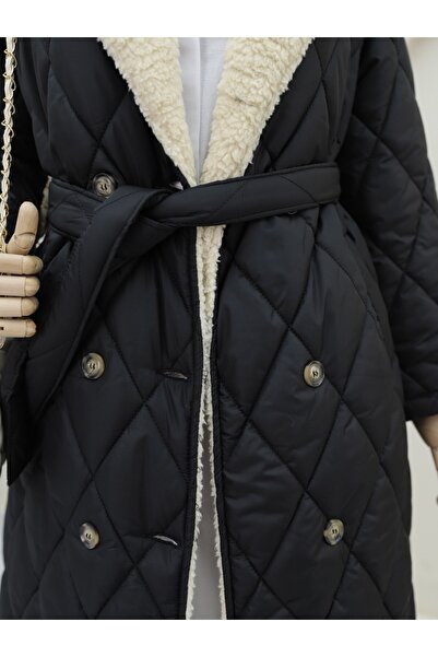 Modamorfo Front Buttoned Sheepskin Lined Quilted Coat - Black