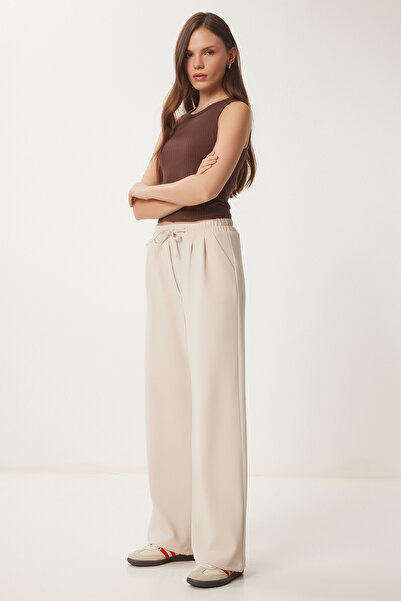 Lovelyİstanbul Wide Leg Comfortable Knitted Trousers Cream Lrv0091