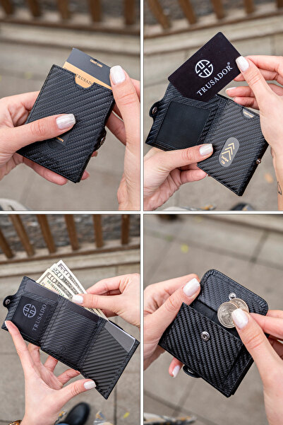 Trusador Valencia Carbon Coin Pocket Unisex Genuine Leather Rfid Protection Men's Women's Wallet Carbon