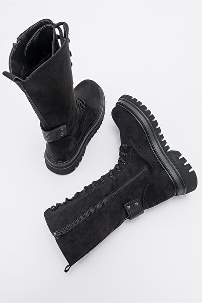 LuviShoes RISE Siyah Süet Bağcıklı Fermuarlı Kadın Postal Bot