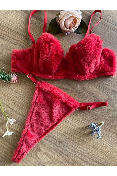 teknotrust Underwire Soft Plush Detail Red New Year's Special Underwear Set Bra Set