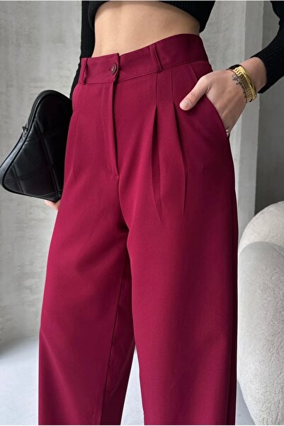Askı Nişantaşı Women's Burgundy High Waist Pleated Wide Leg Palazzo Pants