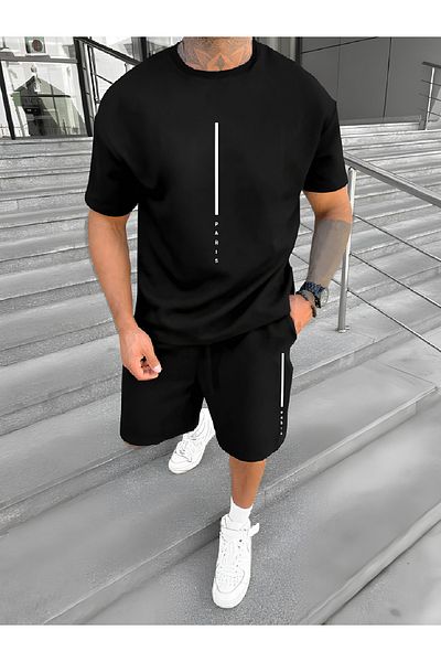 Ferhatlı Men's Oversize Black T-Shirt - Black Shorts Paris Printed 2-Piece Set