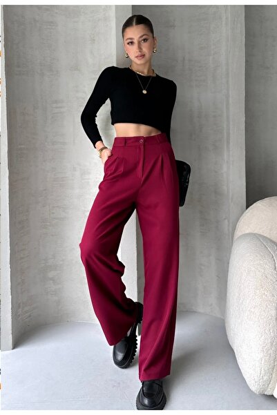 Askı Nişantaşı Women's Burgundy High Waist Pleated Wide Leg Palazzo Pants
