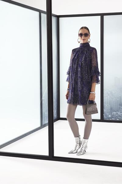 EXPLOSION Kadın Kolları Fırfırlı Ön ve Arka Pileli Hakim Yaka Mini Boy Şifon ...