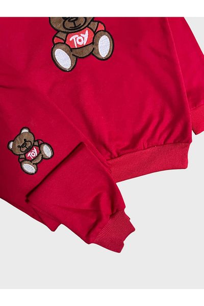 ALİŞ KİDS Girl's Cotton 2 Thread Raster Red Teddy Bear Print Long Sleeve Tracksuit Set